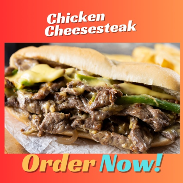 Deluxe Chicken Cheesesteak Sandwich with Peppers, Onions, Mushrooms, Lettuce and Tomatoes.