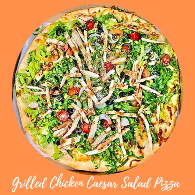 Grilled Chicken Caesar Salad Pizza.