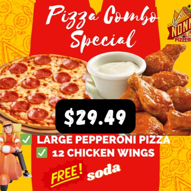Large Pepperoni Pizza, Large Cheese Pizza & 2-Liter Soda.