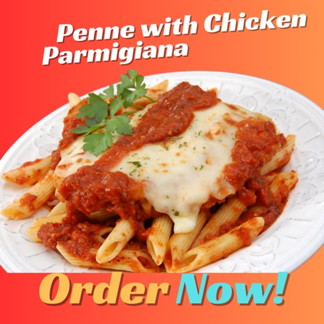 Penne or Spaghetti Pasta with Chicken Parmigiana.